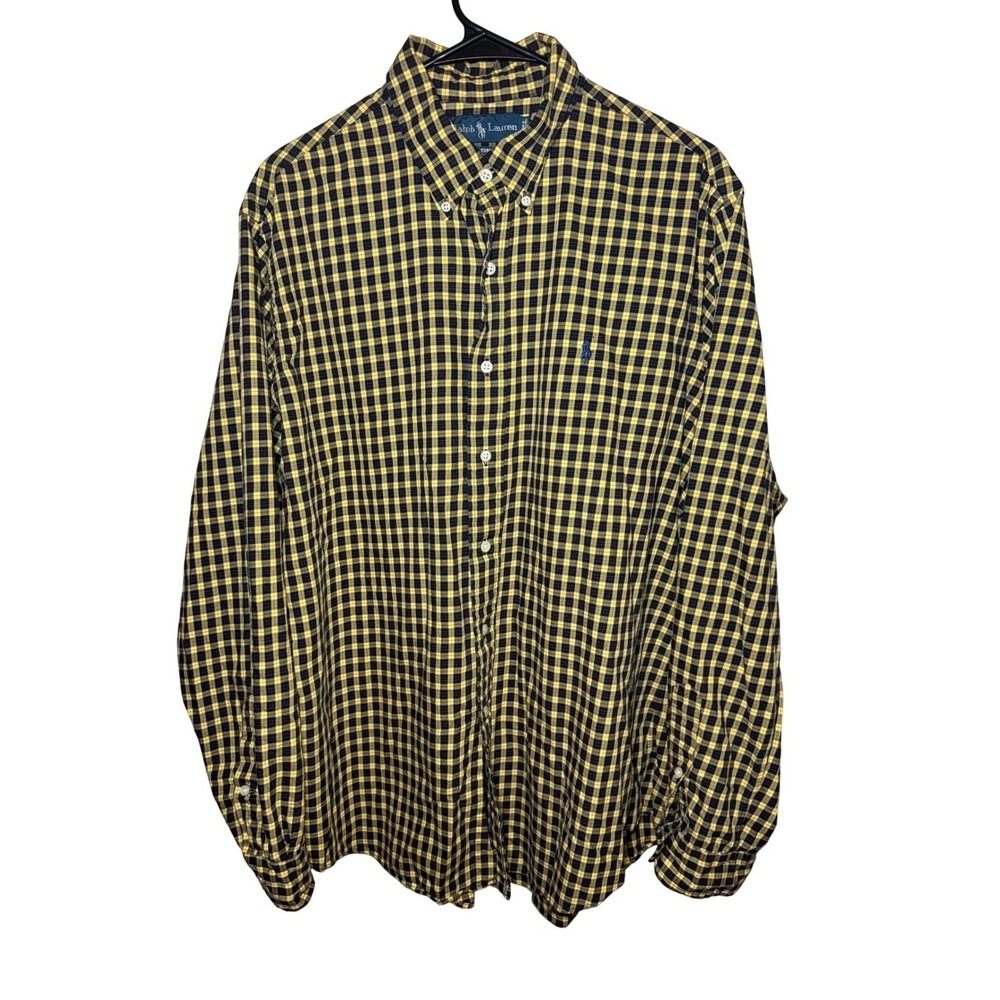 Ralph Lauren Custom Fit Gingham Button Down Shirt Mens XL Yellow Navy Plaid